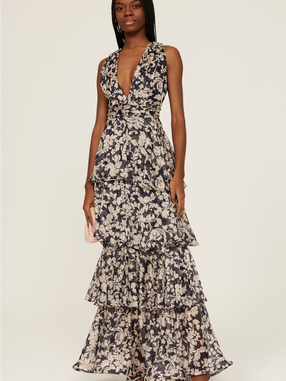 Especia Black and Cream Floral Tiered V-Neck Maxi Dress